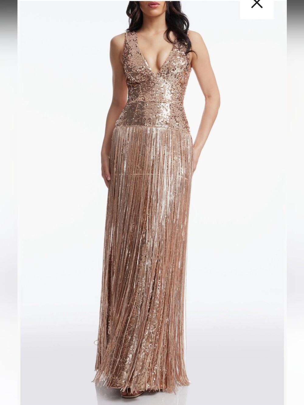 Dress The Population NWT Gold Sequin Fringe Maxi Gown XS $598 Deep V Formal